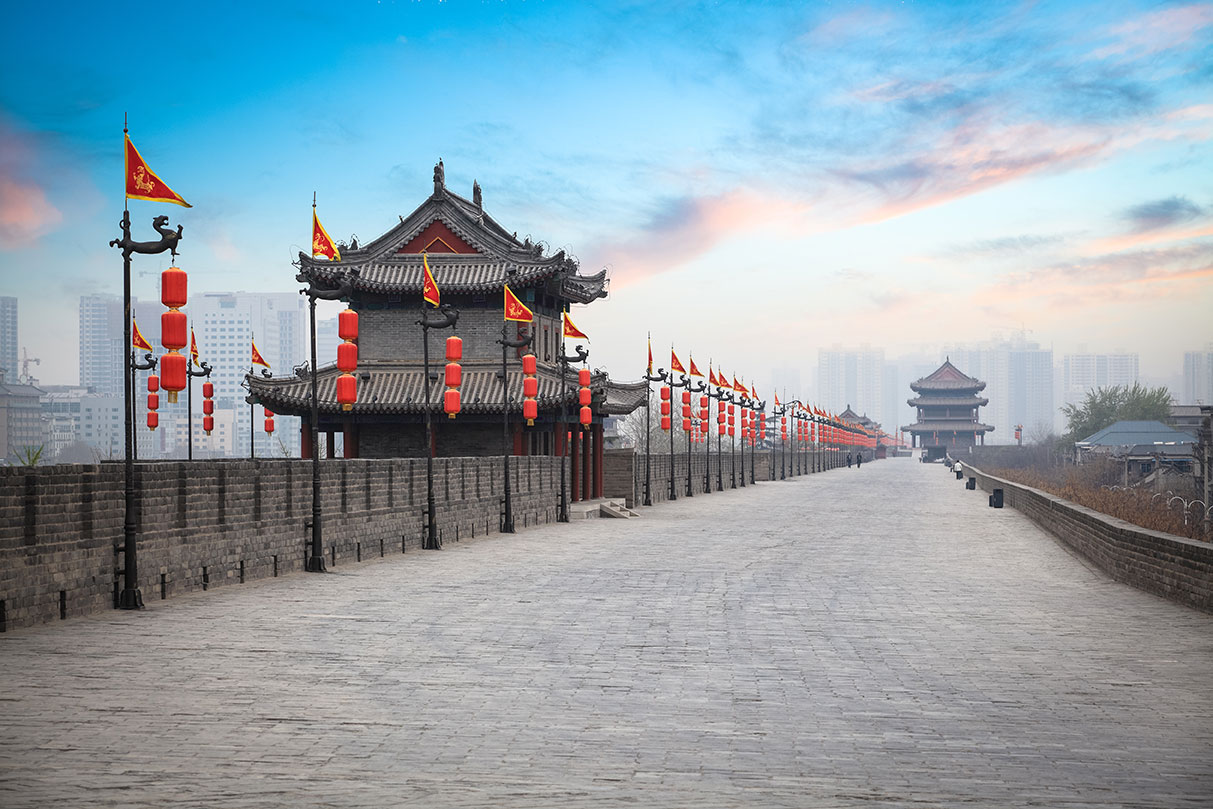 Stone city wall and ancient building in Xian