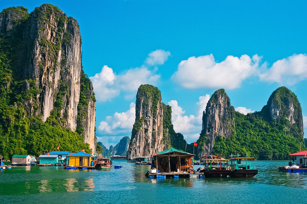 Colorful fishing boats bob on the water in Vietnam